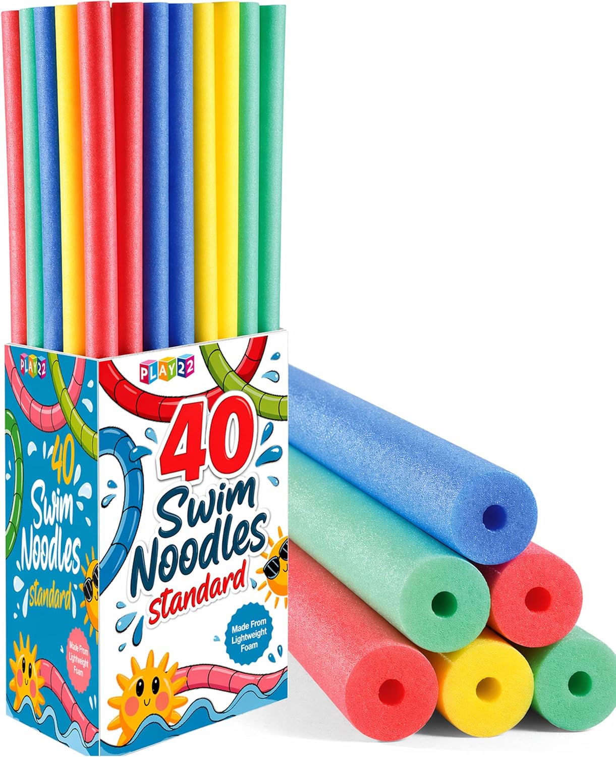 Foam Pool Noodle - 40本入りプールヌードルフォーム - 4色の高密度フォーム、プール、湖、フロートトレーニング用バルクスイムヌードル - 耐久性のある水泳・エクササイズチューブ、多用途、クラフトプロジェクト、パイプ断熱材