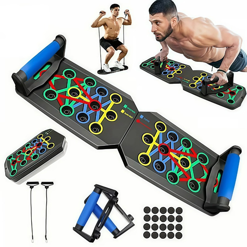 Sports Equipment Meaning - 抵抗バンド付き折りたたみ式プッシュアップボード、多機能プッシュアップバー、ポータブルホームジムトレーニング機器、男性女性向けの胸筋、背中、肩、上腕三頭筋のトレーニングシステム